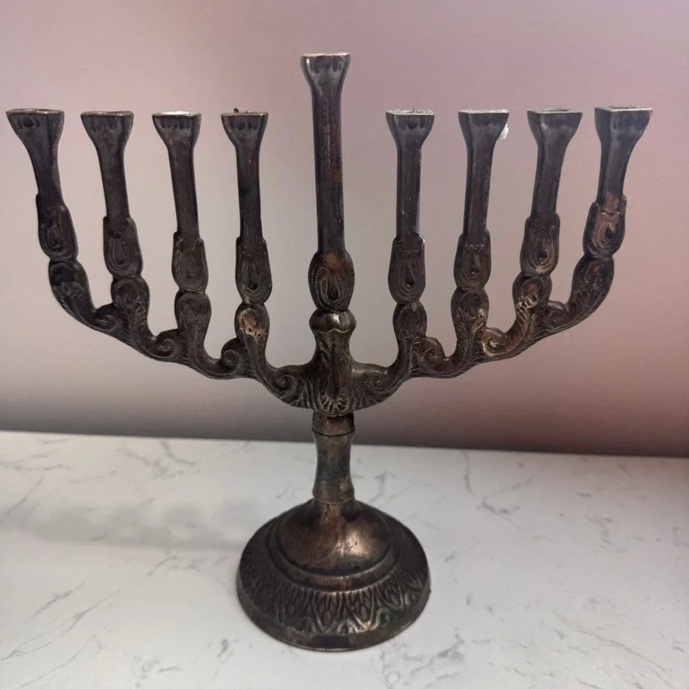 Vintage Brass Tone Hanukkah Menorah Ornate Scroll Design Judaica Candelabra